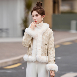 2025冬季新款轻奢大毛领加厚皮毛一体麂皮绒羽绒棉服皮草短款外套