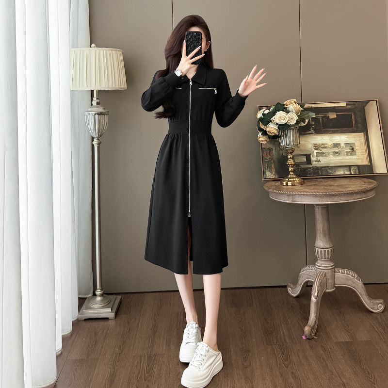 欧货高级感休闲连衣裙2025春秋新款时尚减龄收腰显瘦气质黑色裙子