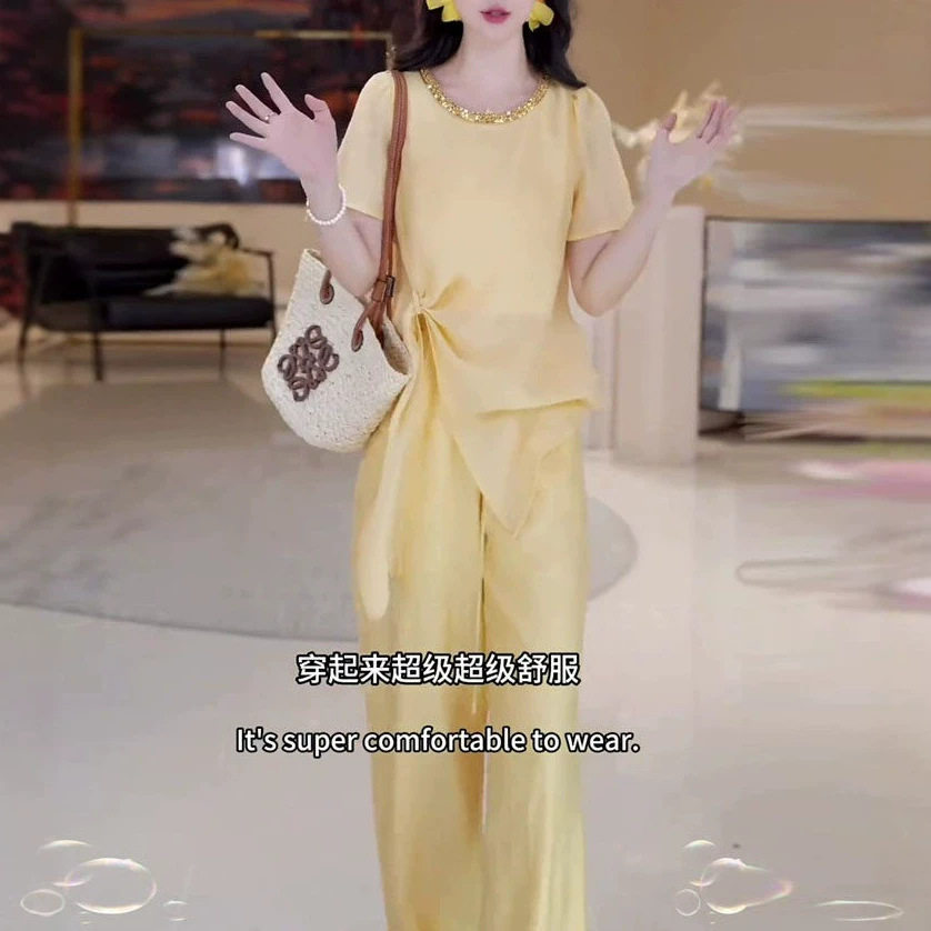 夏季套装女2026新款显瘦减龄洋气设计感上衣阔腿裤运动休闲两件套