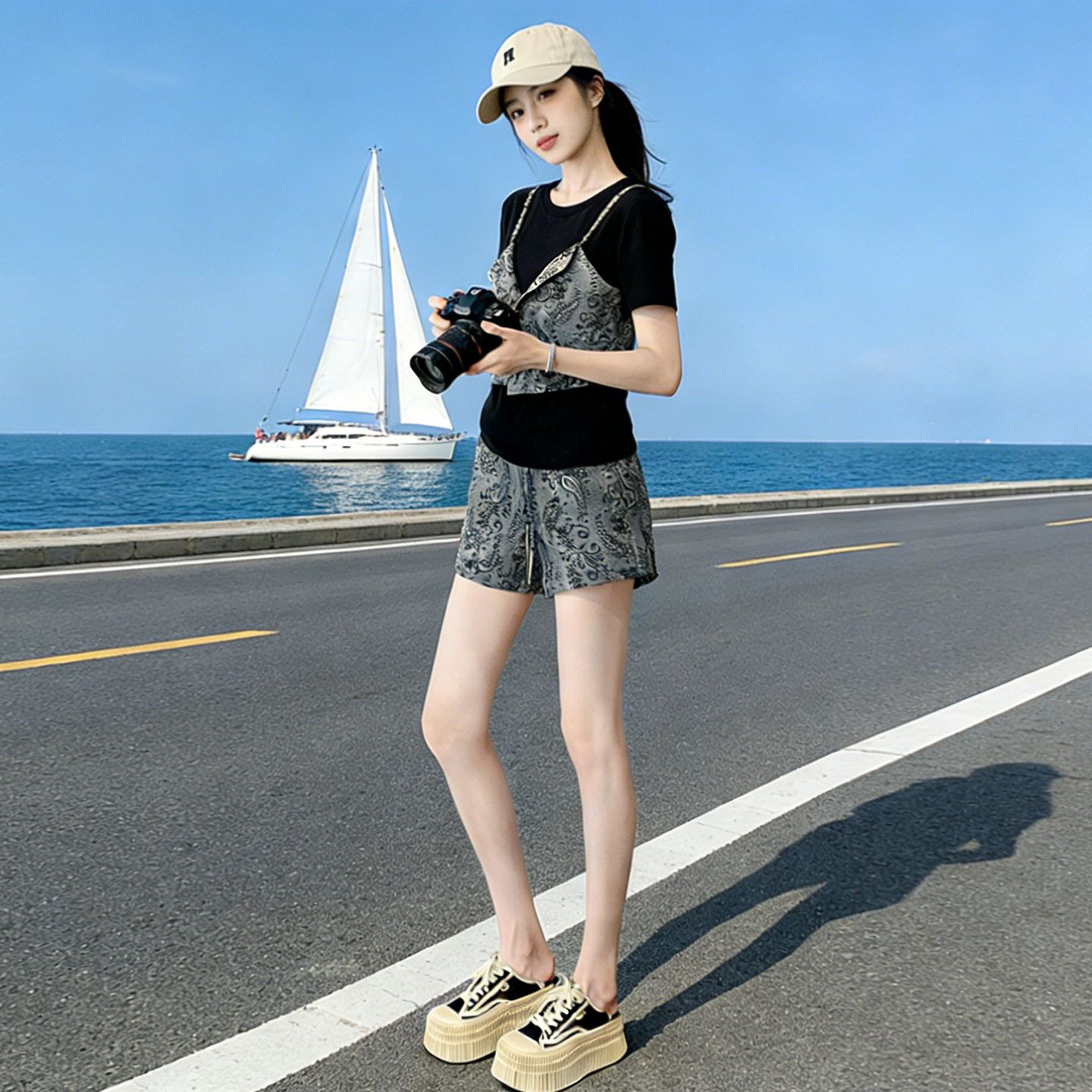 韩版提花假两件叠穿运动套装女夏季小个子穿搭短袖短裤休闲两件套