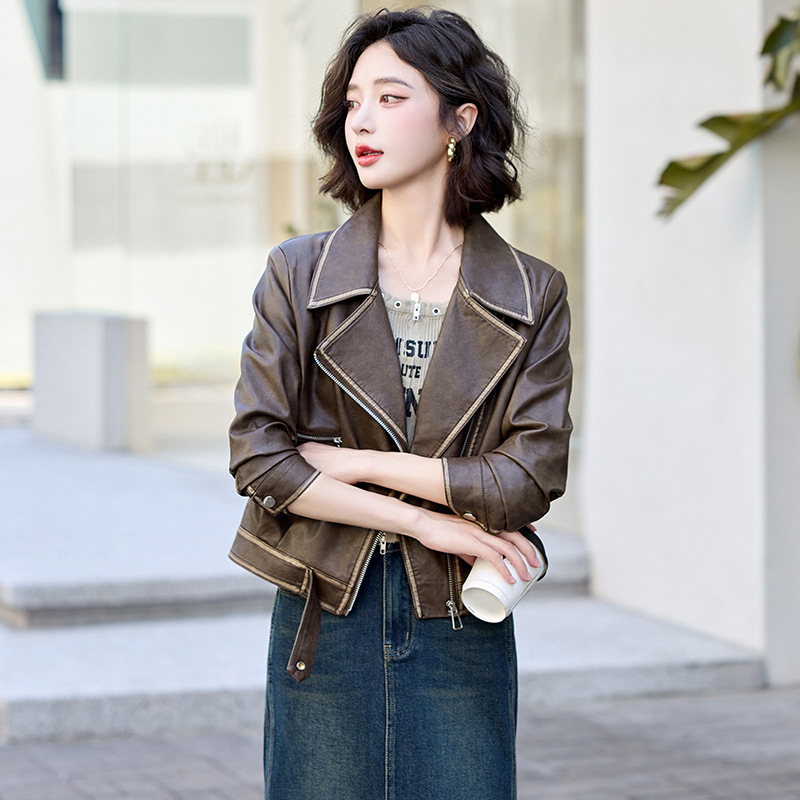 西装领PU蛋白皮衣外套女2025初秋新款欧货时尚显瘦拉链短上衣