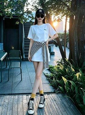 减龄休闲运动套装女夏季学生宽松显瘦韩版时尚洋气短袖短裙三件套