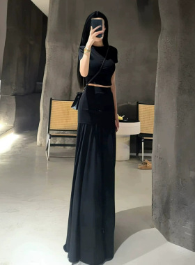 夏日绝美穿搭黑色套装裙女2026新款高级感网纱拼接假半身裙两件套