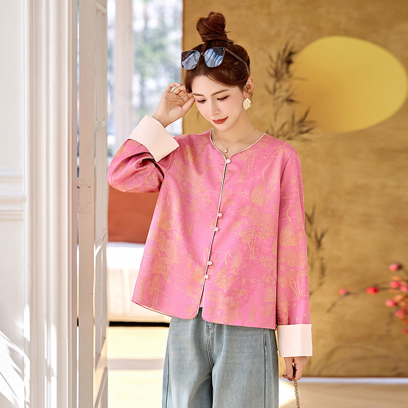 新中式国风女装玫红上衣2025复古唐装印花高级感小香风外套女春秋