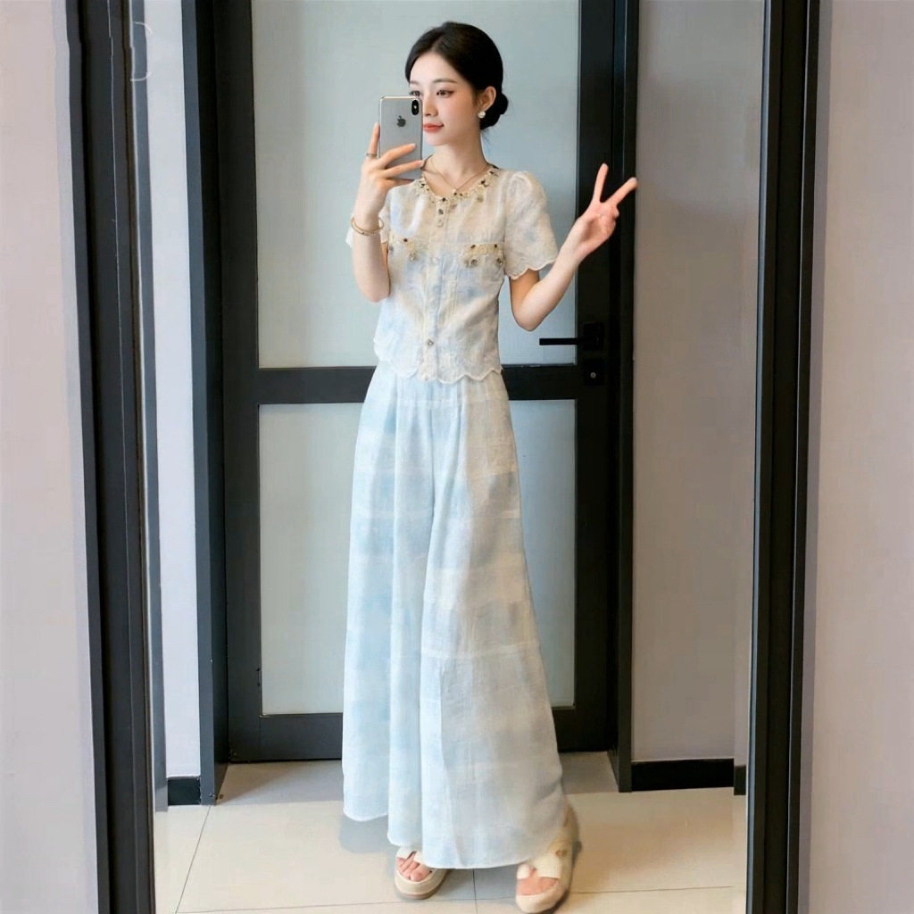 小香风套装女夏装2026新款显瘦减龄气质巨好看的上衣阔腿裤两件套