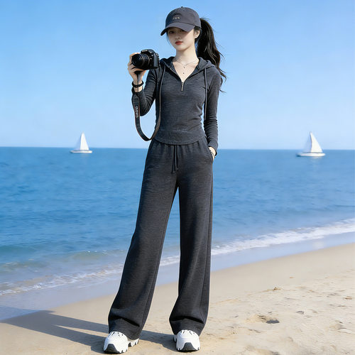 气质灰色休闲运动套装女2026春新款修身收腰显瘦上衣阔腿裤两件套