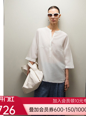 爱慕·CHUANG沐夏女士含桑蚕丝七分袖阔版圆领衬衫上衣CA811811