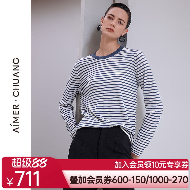 爱慕·CHUANG馈然6保暖女含羊毛条纹圆领长袖打底上衣CA721863