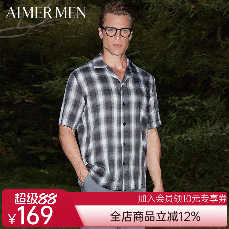 爱慕先生品牌含莱赛尔纤维翻领开襟格纹男士家居短袖上衣41A931