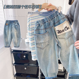 运动裤 中童小直筒裤 一样软 撞色拼接口袋字母牛仔裤 子 男童春季