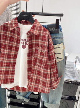 2026年春装男童磨毛红色格子长袖衬衫中大童韩版纯棉衬衣宝宝上衣
