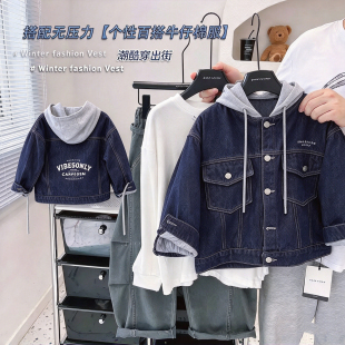 【棉服】男童韩版连帽外套2026冬季中童新款棉袄儿童牛仔夹棉棉服