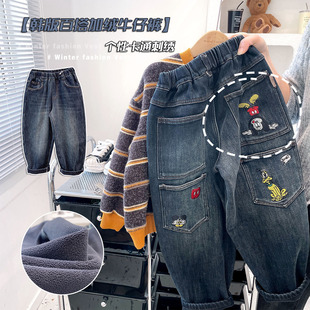 【超软加厚】男童刺绣卡通加绒牛仔裤中童软糯加厚棉裤儿童130