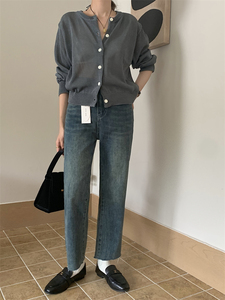 One day显高显瘦直筒高腰设计感减龄百搭港风复古淑女轻熟牛仔裤