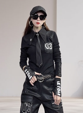 欧货潮牌加绒长袖领带打底衫2025年冬季保暖INS风格T恤个性女上衣