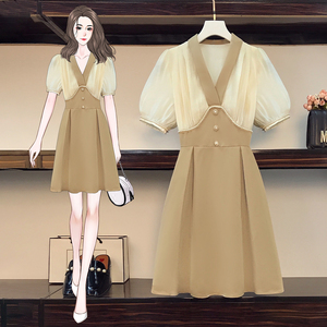 RM8422#大码女装夏季新款短袖收腰显瘦网红拼接V领法式连衣裙女