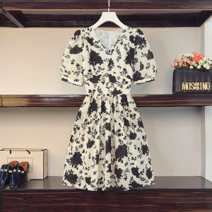 RM8421#大码女装夏季新款重工立体感法式碎花胖妹妹短袖显瘦连衣裙