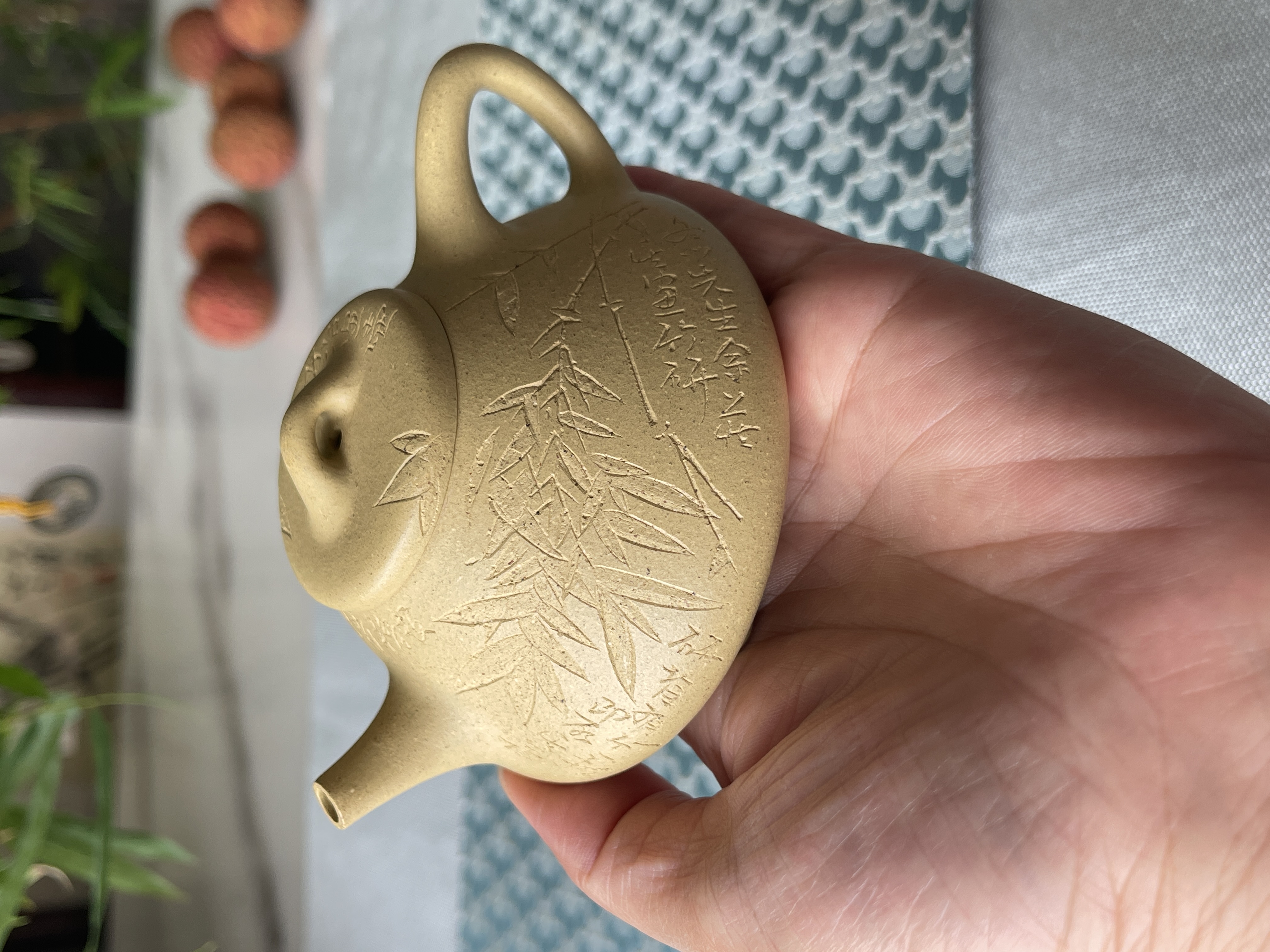 古尚紫砂 宜兴原矿本山绿泥 子冶石瓢全手工刻绘130毫升小石瓢