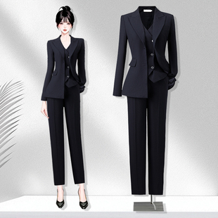 时尚 女2025春秋新款 OL气质藏青职业西服马甲三件套 套装 高级感西装