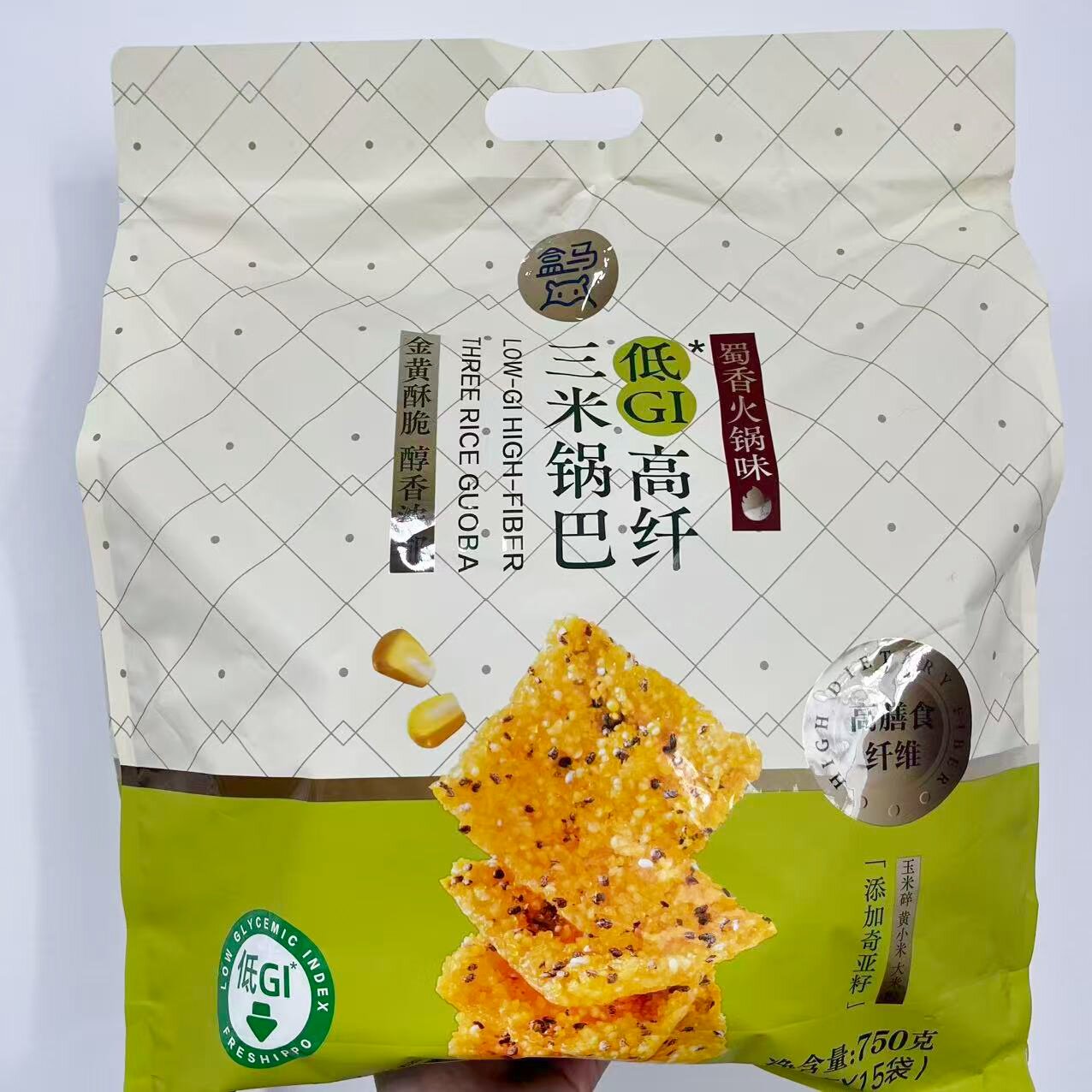 盒马代购 盒马低GI高纤三米锅巴蜀香火锅味750g金黄酥脆醇香浓郁