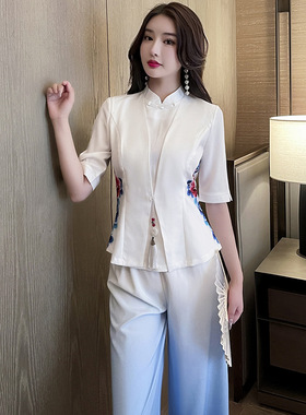 新中式国风高级感足浴足疗技师工作服养生采耳美容师套装轻奢长裤