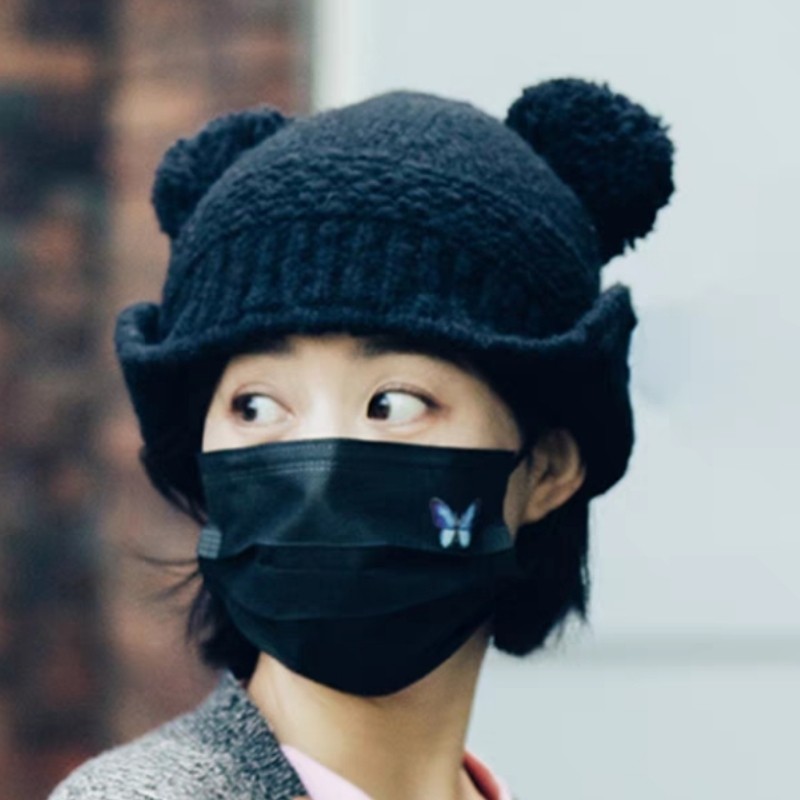 赵丽颖同款帽子女小熊猫耳朵针织毛线帽冬甜妹可爱护耳保暖冷帽男