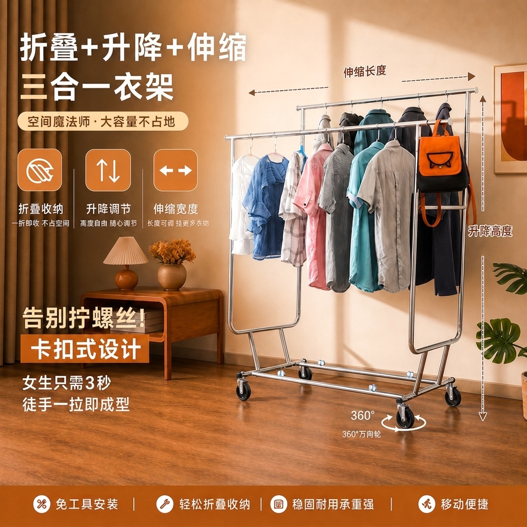 晾衣架伸缩折叠落地升降单双杆式阳台带轮移动挂衣架移动杆
