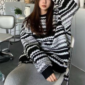 黑白条纹毛衣女2025春秋新款 气质上衣女裝 宽松慵懒风套头针织长袖