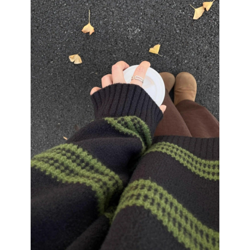 韩系绿色条纹撞色毛衣女秋冬高级感宽松慵懒风软糯内搭针织衫上衣