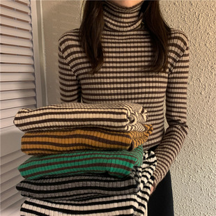 弹力百搭显瘦上衣女2025春秋内搭外穿气质小衫 条纹针织衫 高领修身