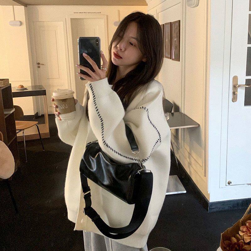 白色毛衣针织开衫外套女秋冬新款韩版休闲宽松慵懒风设计感外穿潮