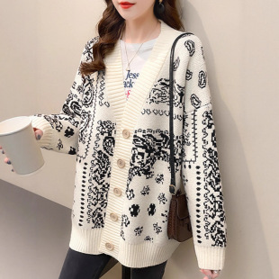 百搭针织开衫 宽松慵懒时尚 毛衣女秋冬新款 日韩V领撞色提花中长款