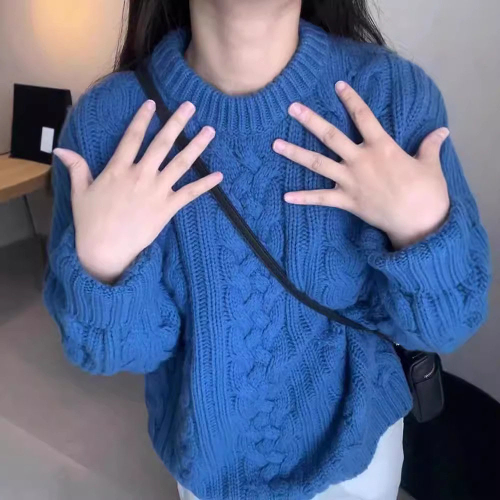 厚款麻花套头针织毛衣女2024秋冬设计感小众粗棒针宽松慵懒风上衣