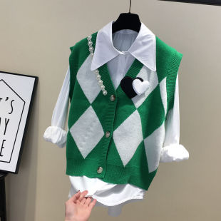 菱格坎肩针织马甲爱心钉珠2025春秋新款 小众宽松内搭黑色毛衣上衣