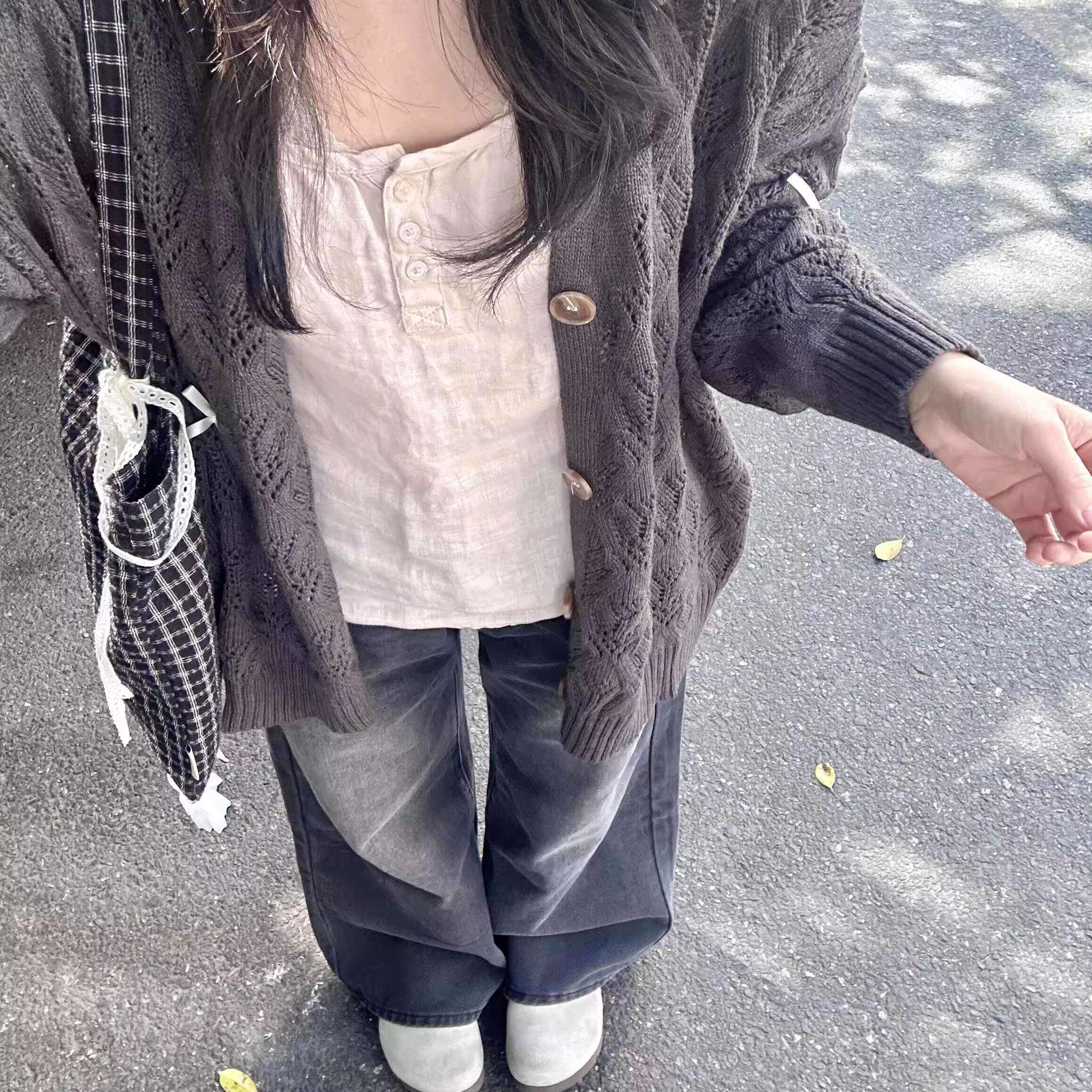 学院风镂空薄款蝴蝶结针织开 衫女开 春款2025新款外搭宽松外套上