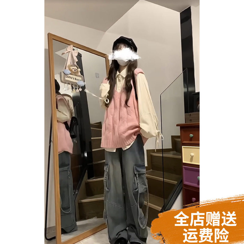 大码胖MM甜美粉色麻花针织马甲套装女春秋外穿宽松叠穿坎肩背心冬