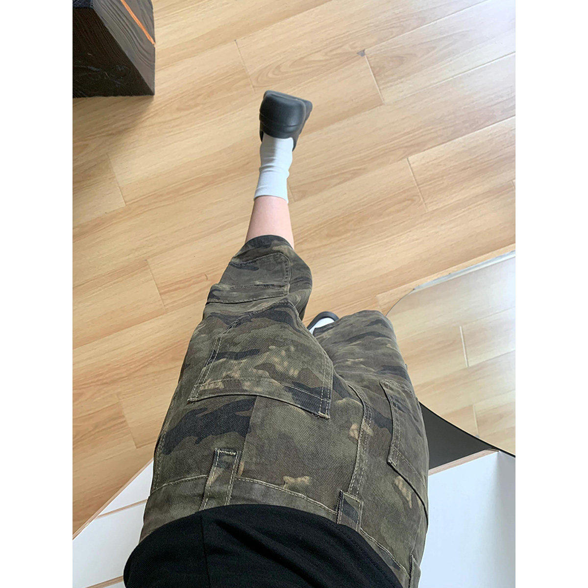 美式高街甜酷迷彩工装牛仔裤女夏季设计感宽松垂感阔腿五分裤短裤