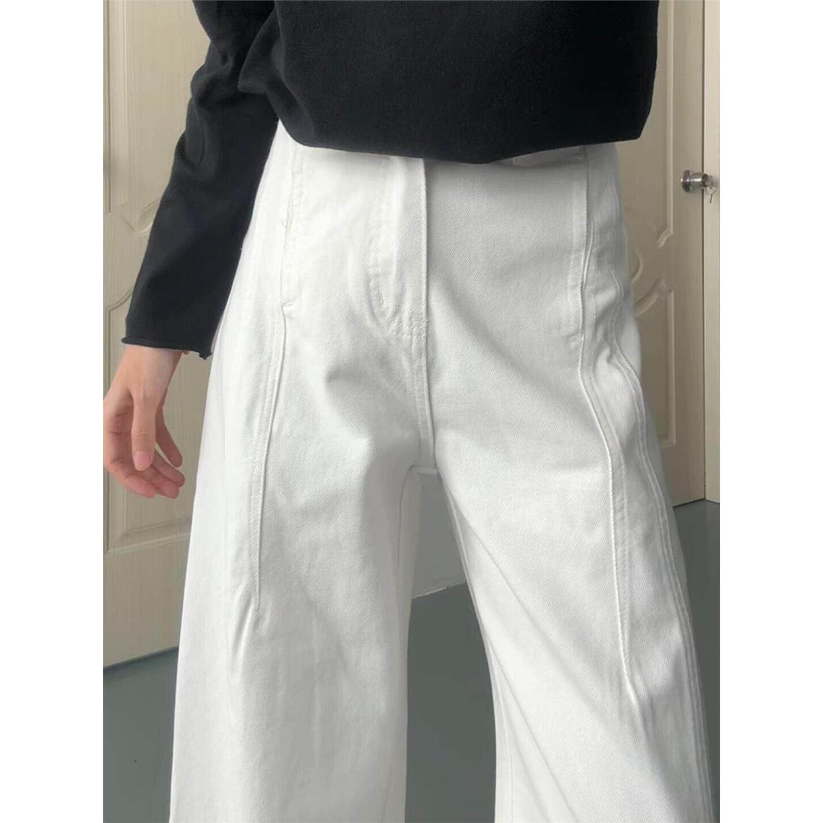 白色弯刀阔腿牛仔裤女秋季新款胖妹妹mm高腰宽松显瘦梨形身材裤子