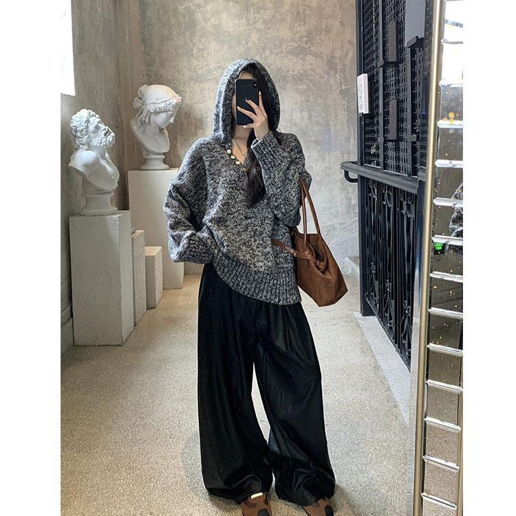 秋冬新款连帽毛衣灰色宽松毛衣上衣女式新款洋气毛衫