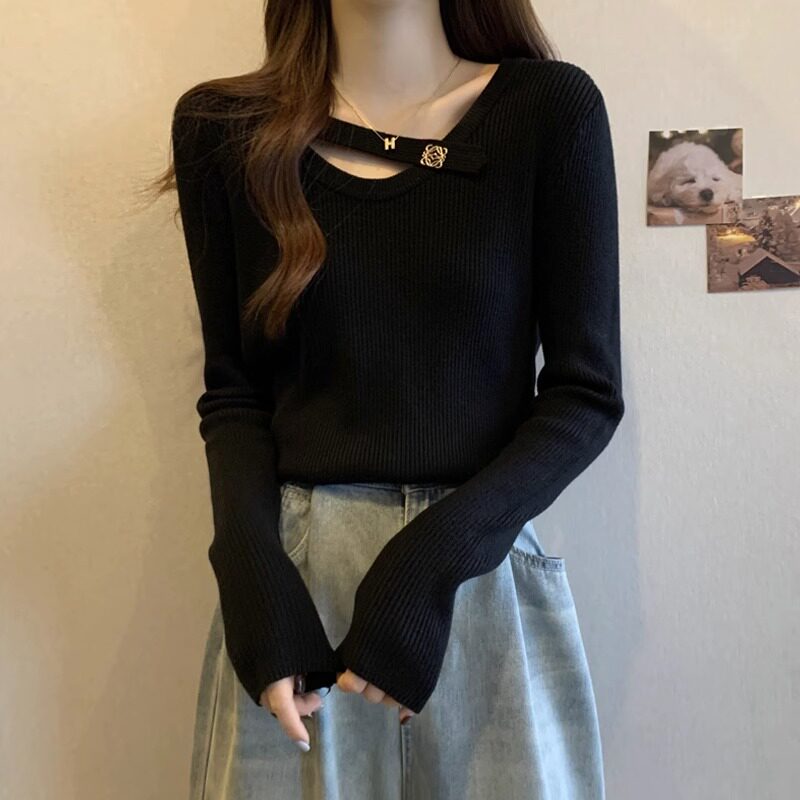 大码女2025秋冬高级感内搭黑色针织打底衫胖mm显瘦遮肚子上衣小衫