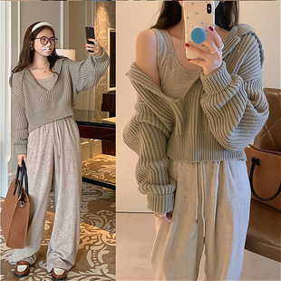 女装 短款 韩系小众拼接休闲慵懒风连帽毛衣针织时尚 2025春秋季