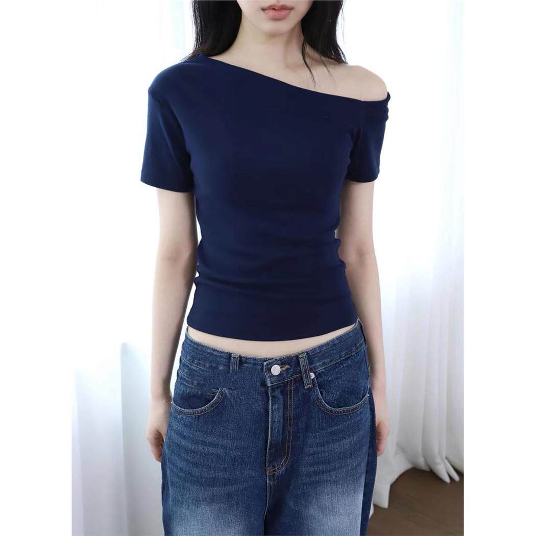斜露肩纯欲御姐炸街短袖t恤女性感热辣风显白修身百搭正肩小上衣