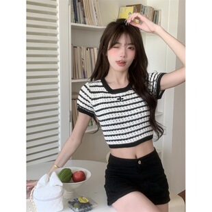 别致镂空针织短袖 跨境速卖通夏季 短款 撞色条纹修身 T恤上衣女 新款