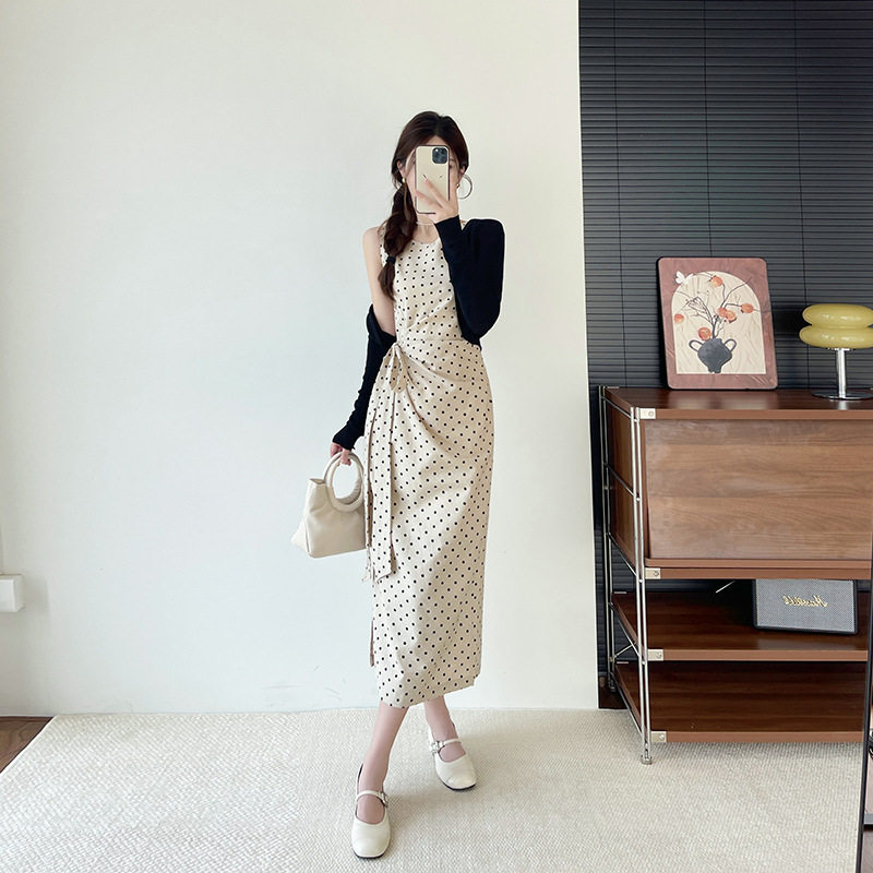 法式气质波点连衣裙子女夏季2025新款高级感绑带收腰显瘦长裙套装