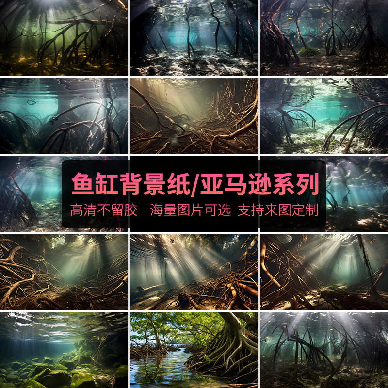 鱼缸背景贴纸亚马逊丛林南美风格热带雨林森林树根定制高清背景画