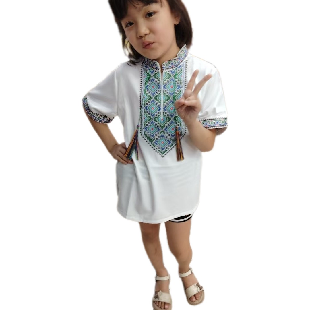 新疆民族服装儿童夏季款宽松透气款棉绸服饰维吾尔族绣花挂穗衬衣