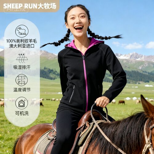 SHEEP RUN大牧场 美利奴羊毛女士运动连帽开衫保暖吸湿排汗除臭