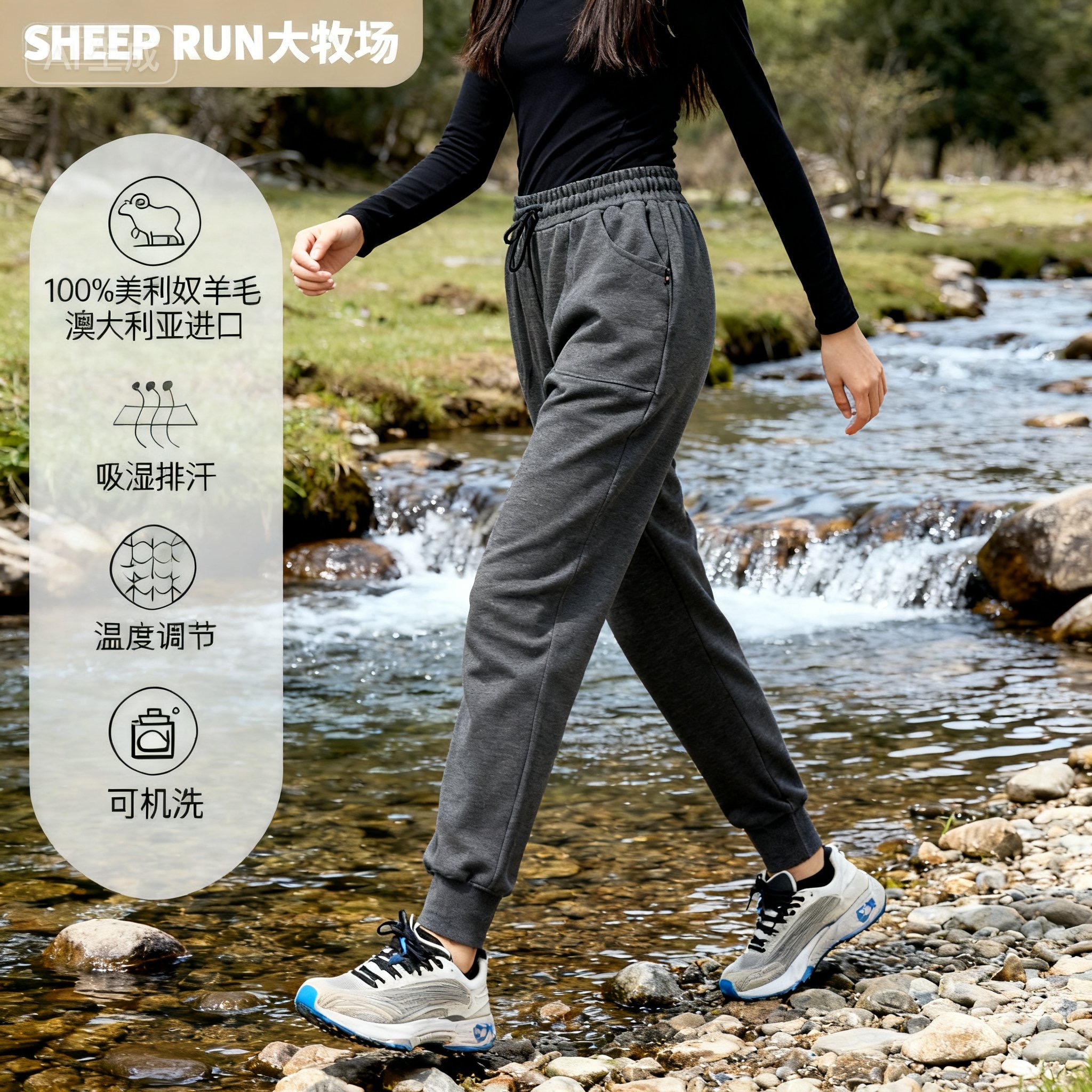 SHEEP RUN大牧场 美利奴羊毛男女同款280g运动休闲裤吸湿排汗