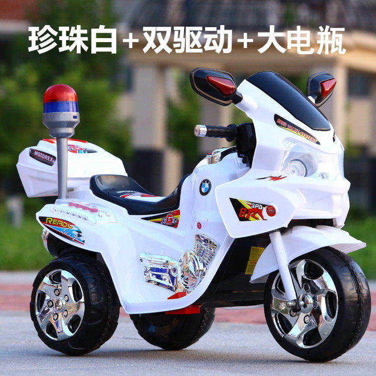 高档警察车三轮车儿童电动摩托车小孩可坐双人骑玩具车充电车男孩