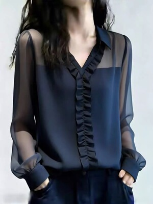 法式荷叶边透视雪纺衬衫女2026年春季新款蓝色灯笼袖显瘦时髦上衣